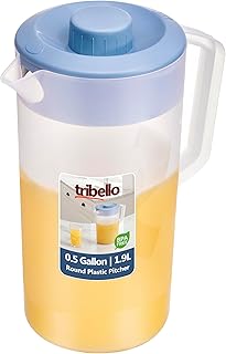 Tribello Pitcher with Lid Half Gallon, Clear Round Plastic Water Pitcher with 3-Way Lid, Ideal for Lemonade, Ice Tea, and Drinks, Freezer/Dishwasher Safe, and BPA Free (0.5 Gallon/2 Liters)
