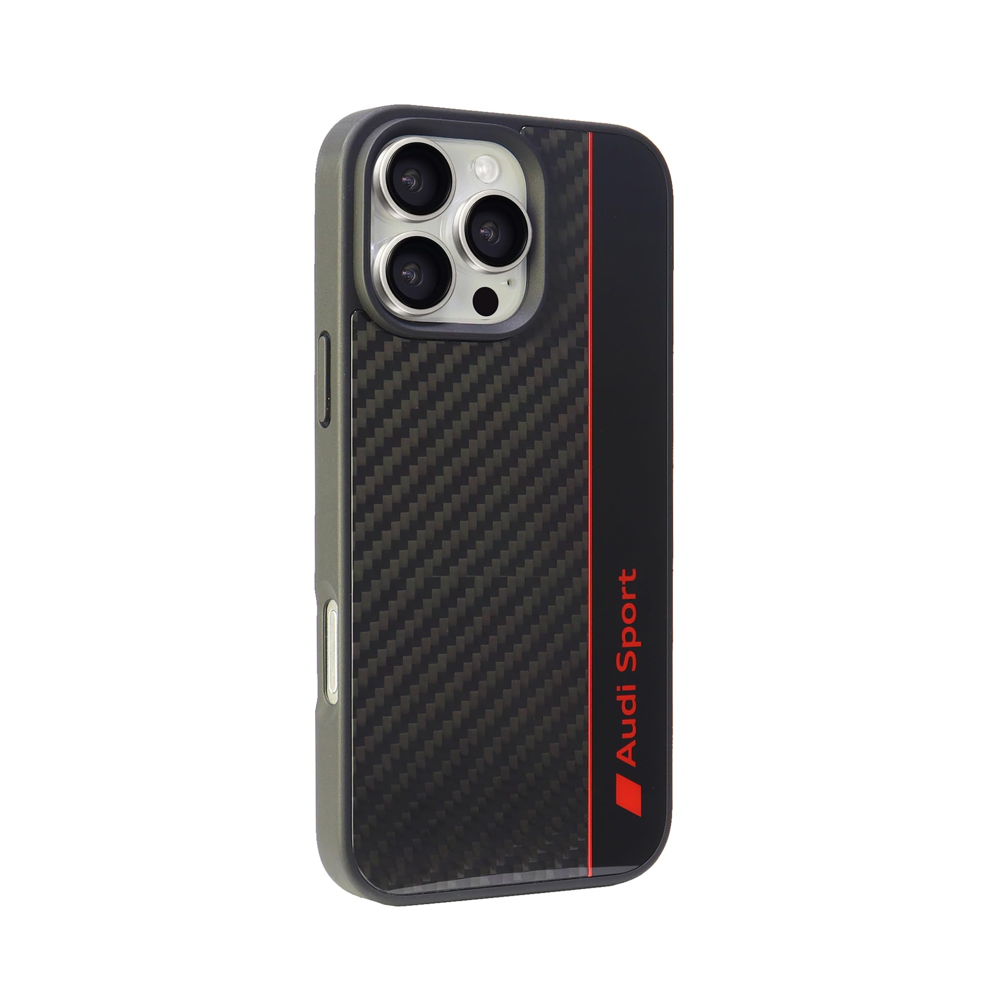 Audi Sport Handyhülle - Kompatibel mit iPhone 16 Pro Max - Stoßabsorbierende Hülle mit Carbon - mit präzisen Aussparungen für Kamera, Anschlüssen & Tasten - Schwarz mit roten Details