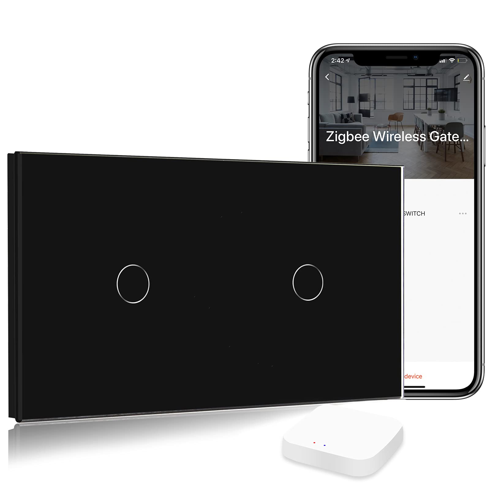 BSEED Smart ZigBee - Interruptor de luz de pared doble con WiFi, compatible con Alexa, 1 vía, cristal compatible con Tuya y Google (requiere ZigBee, no neutro), color negro
