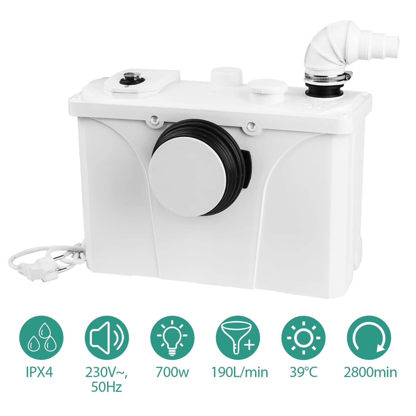 Sonnewelt 700W Broyeur Sanitaire Broyeur 4/1 Pompe Automatique Pompe domestique Pompe de relevage 190L/min Pompes pour eaux sales WC Broyeur Petite station de relevage