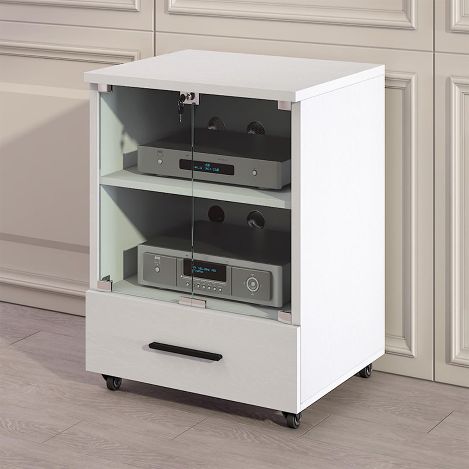 Szafka stereo z kółkami i szufladą, stojak na audio AV, Media Center Storage dla odtwarzaczy płyt, 3-poziomowa konsola audio, wykończenie orzechowe do salonu