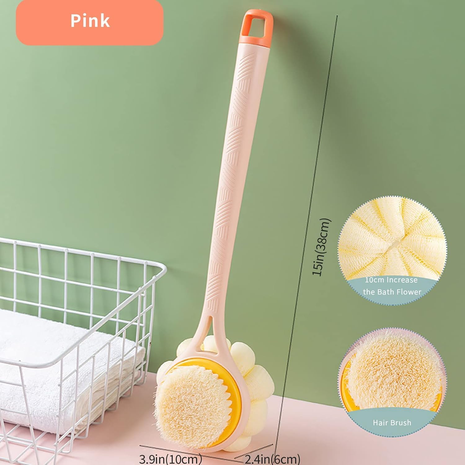 DNC 2 in 1 Bath Body Brush, Long Handle to Reach Back, Soft Bristle & Loofah Exfoliator, Non-Slip Curved Grip, Multicolour