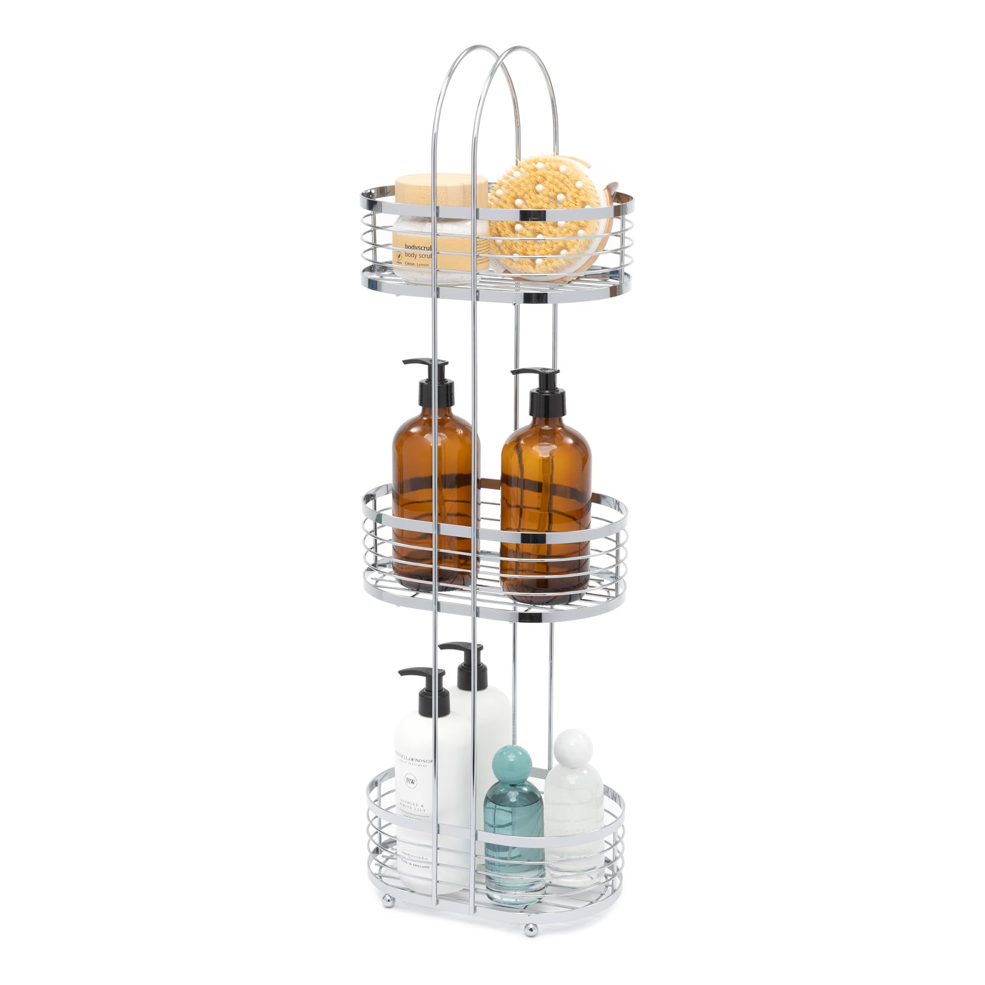 LIVIVO 3 Tier Free/Floor Standing Organiser Chrome Shower Oval Cubicle Toiletry Tidy Bathroom Caddy Storage Shelves Rack