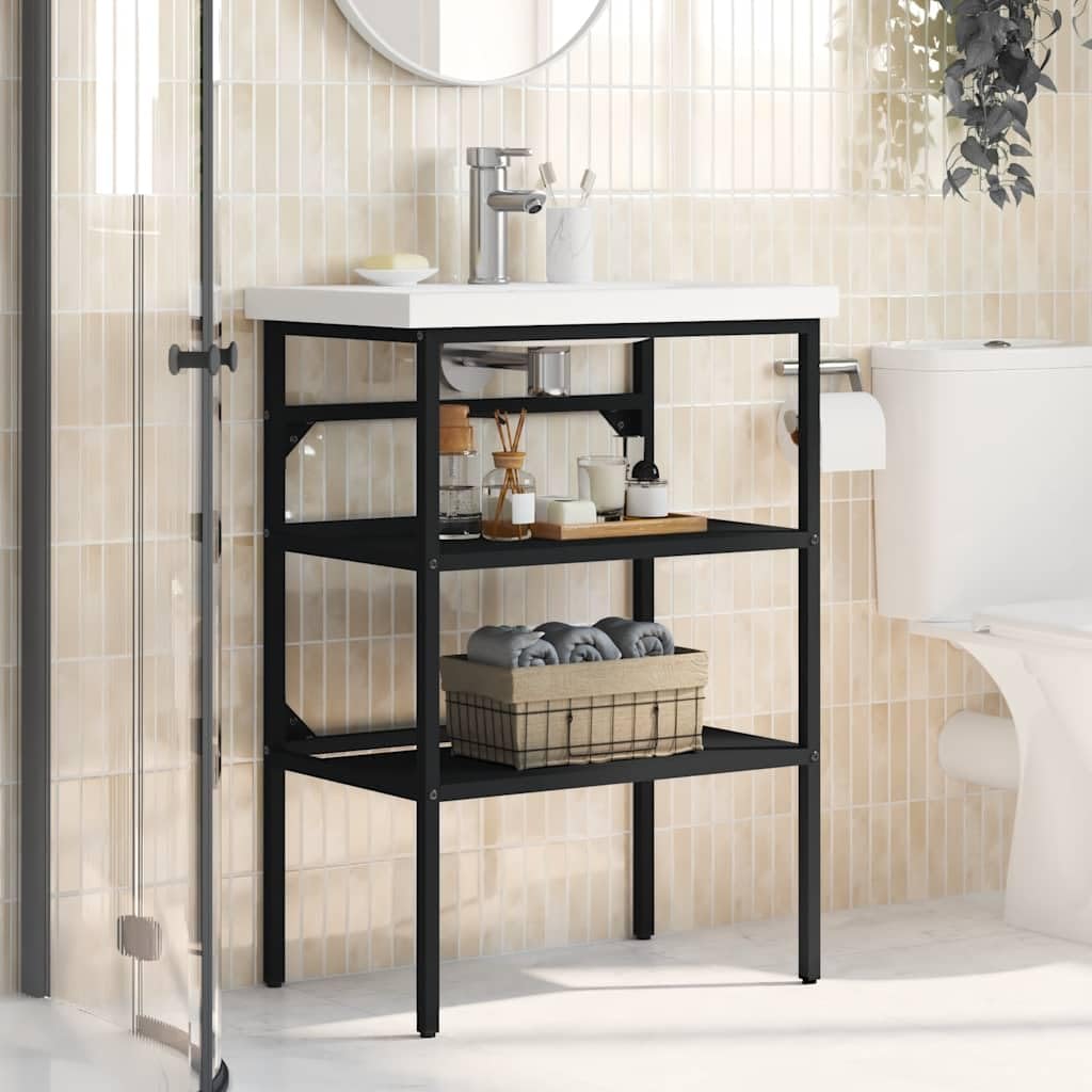 Waschtischgestell Schwarz 59×38×83 cm aus Eisen Pulverbeschichtet Modernes Offenes Design Robuste Badezimmer-Konsole mit Wandhalterung Für kleine Gäste-WC und enge Bäder