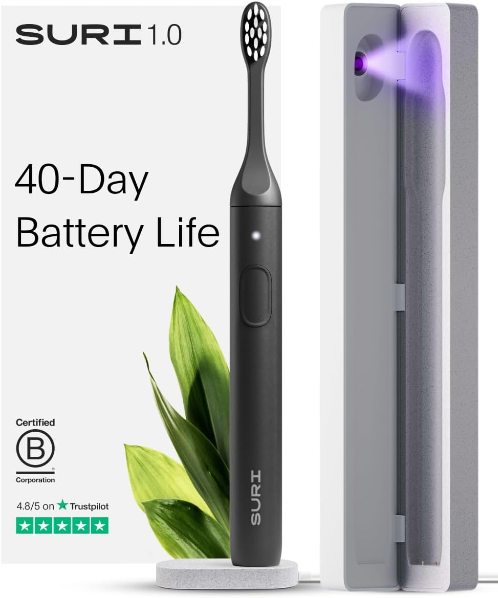 SURI 1.0 Sonic Electric Toothbrush with UV Cleaning Travel Case | 1 Month+ Battery | UK’s No.1 Rated | Electric Toothbrush Adults | Sonic Toothbrushes | Black