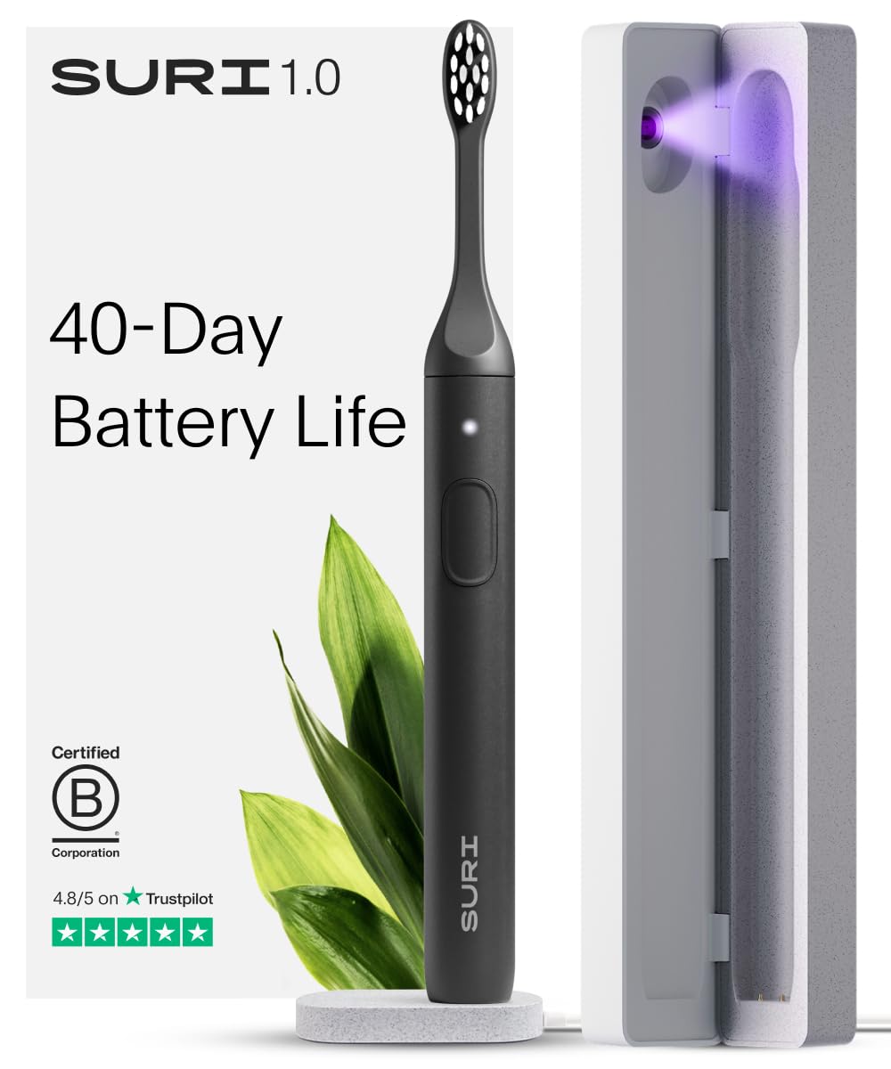 SURI 1.0 Sonic Electric Toothbrush with UV Cleaning Travel Case | 40+ Day Battery | UK’s No.1 Rated | Sustainable Electric Toothbrush Adults | Sonic Toothbrushes | Black
