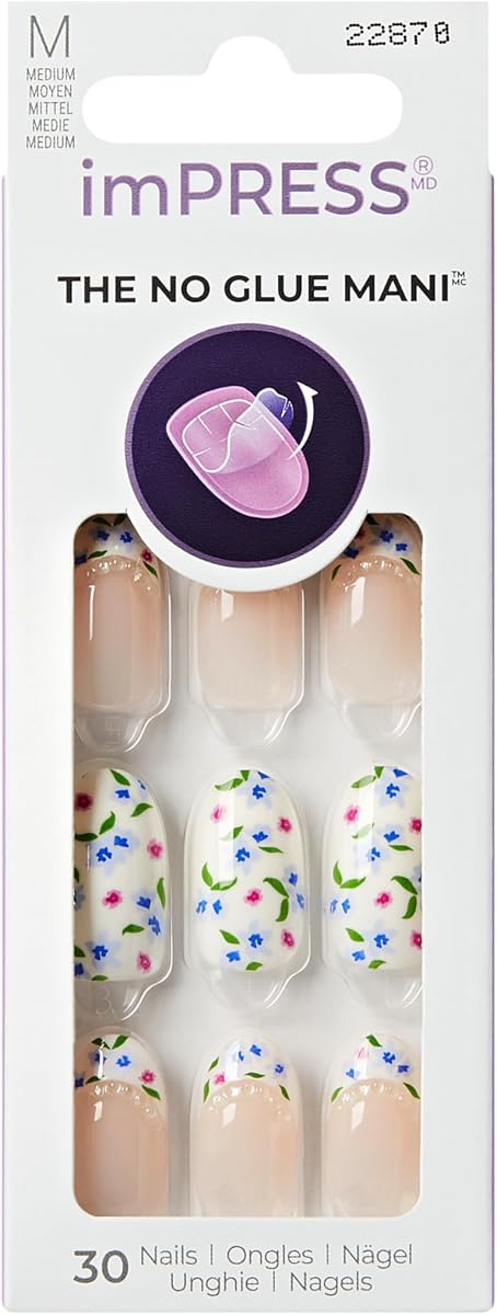 Kiss Impress No Glue Mani Press On Nails, Design, 'Hoppy Mood', Multicolor, Medium Size, Oval Shape, Includes 30 Nails, Prep Pad, Instructions Sheet, 1 Manicure Stick, 1 Mini File