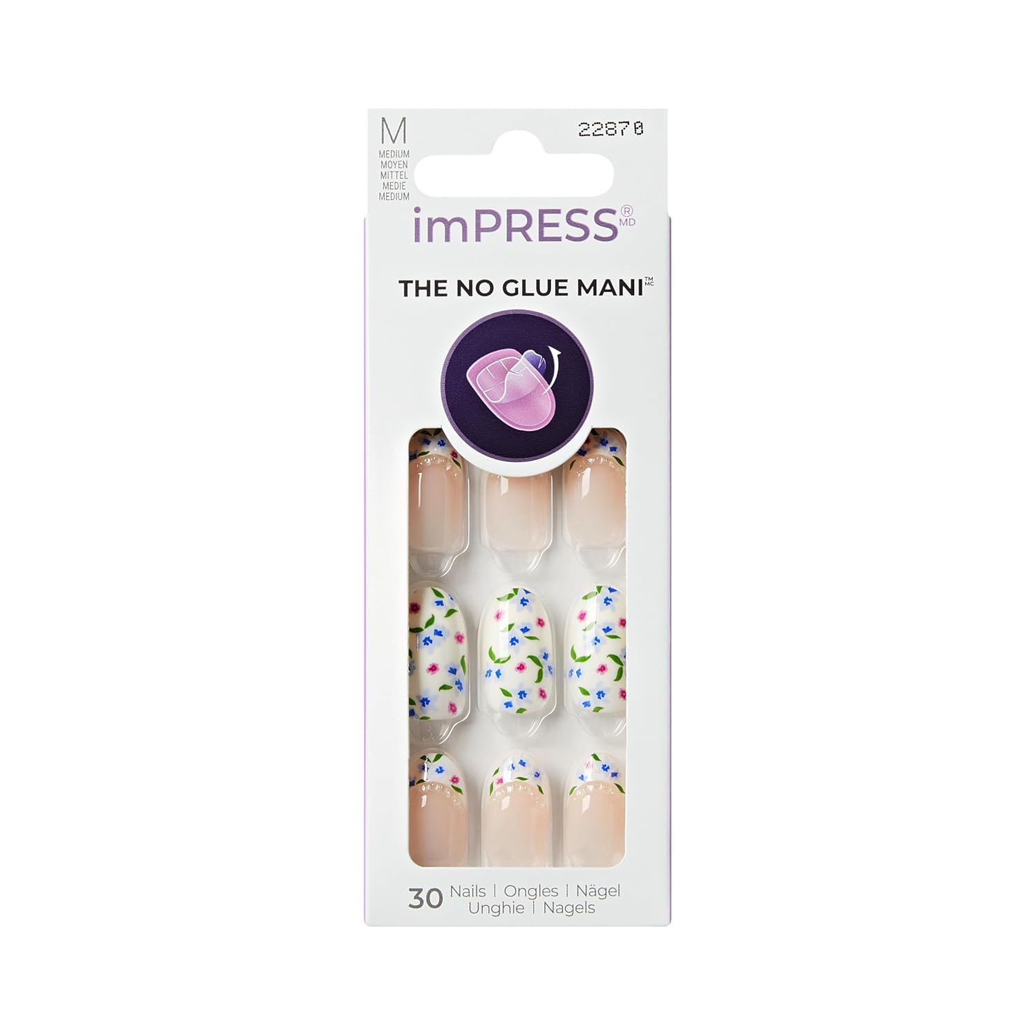 Kiss Impress No Glue Mani Press On Nails, Design, 'Hoppy Mood', Multicolor, Medium Size, Oval Shape, Includes 30 Nails, Prep Pad, Instructions Sheet, 1 Manicure Stick, 1 Mini File