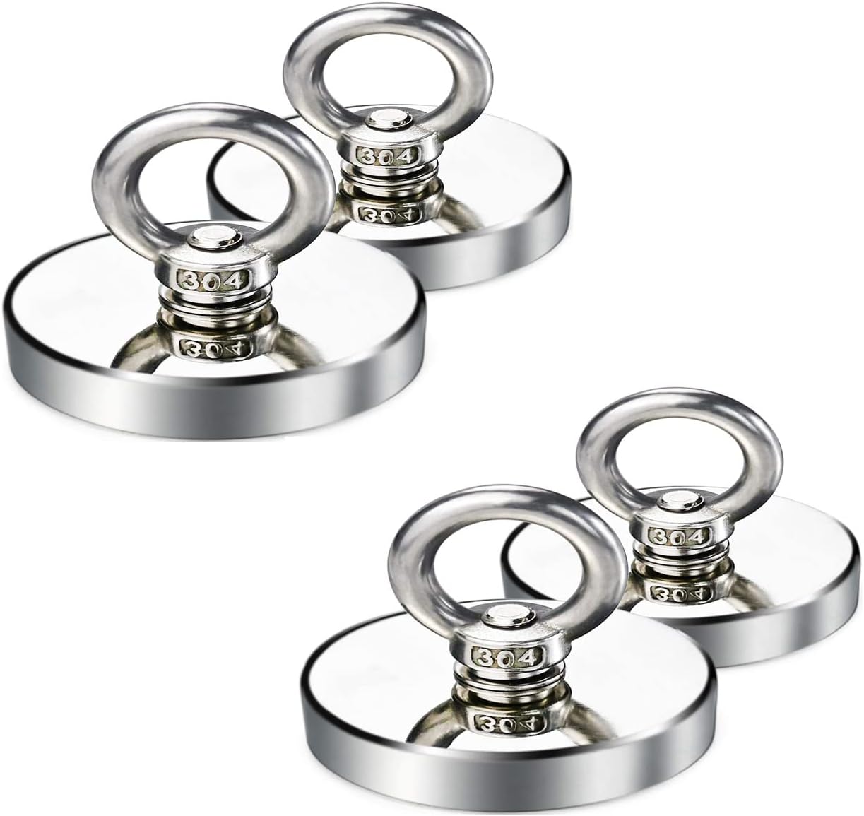 FUNI Strong Neodymium Fishing Magnets, 30 KG Pulling Force Rare Earth Magnet, with Countersunk Hole Eyebolt, Diameter 32 mm for Home, Garage and Magnetic Fishing, 4Pcs