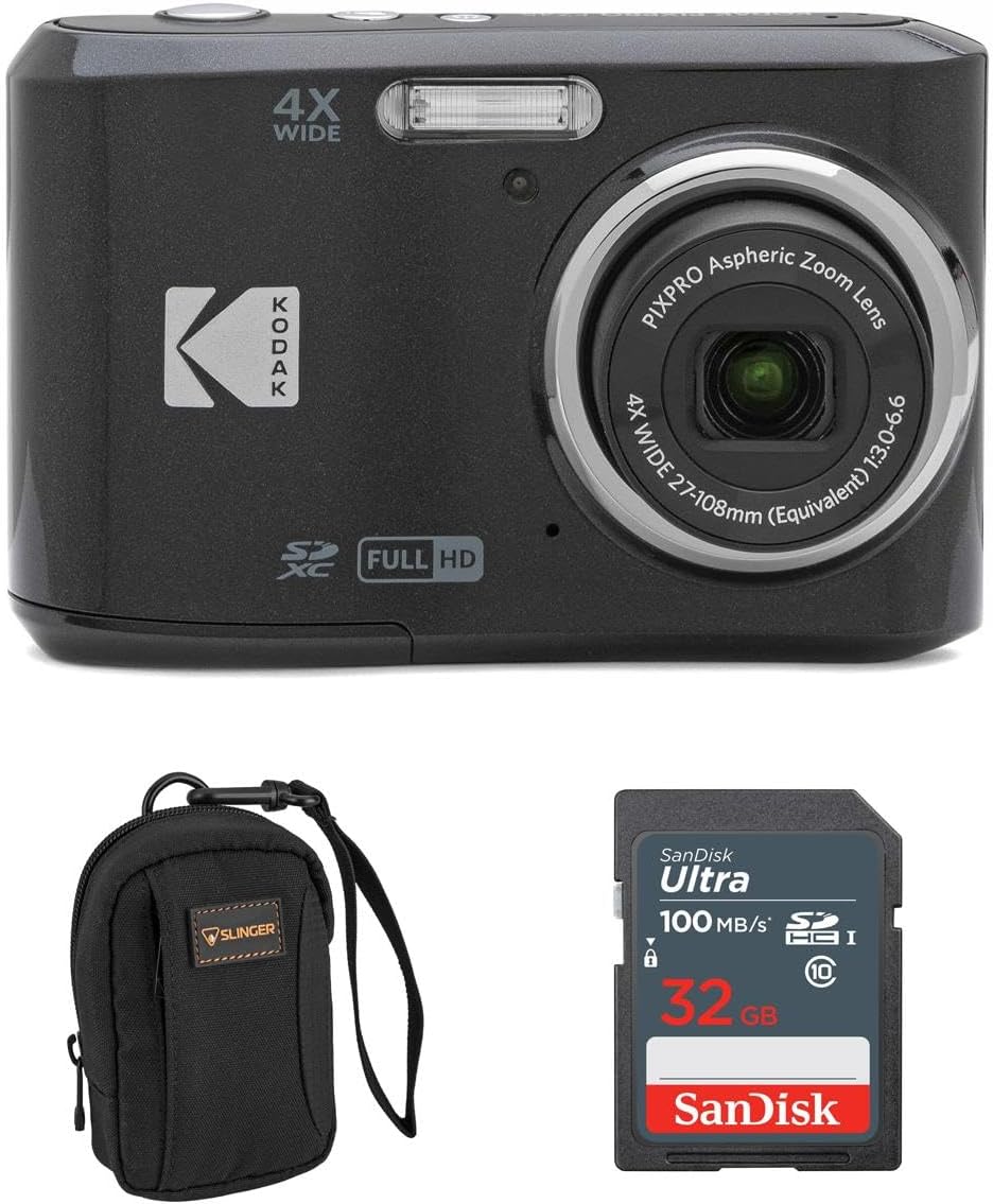 KODAK PIXPRO FZ45-BK 16MP Digital Camera 4X Optical Zoom 27mm Wide Angle 1080P Full HD Video 2.7" LCD Vlogging Camera, Bundle with Camera Case and 32GB SD Card (Black)