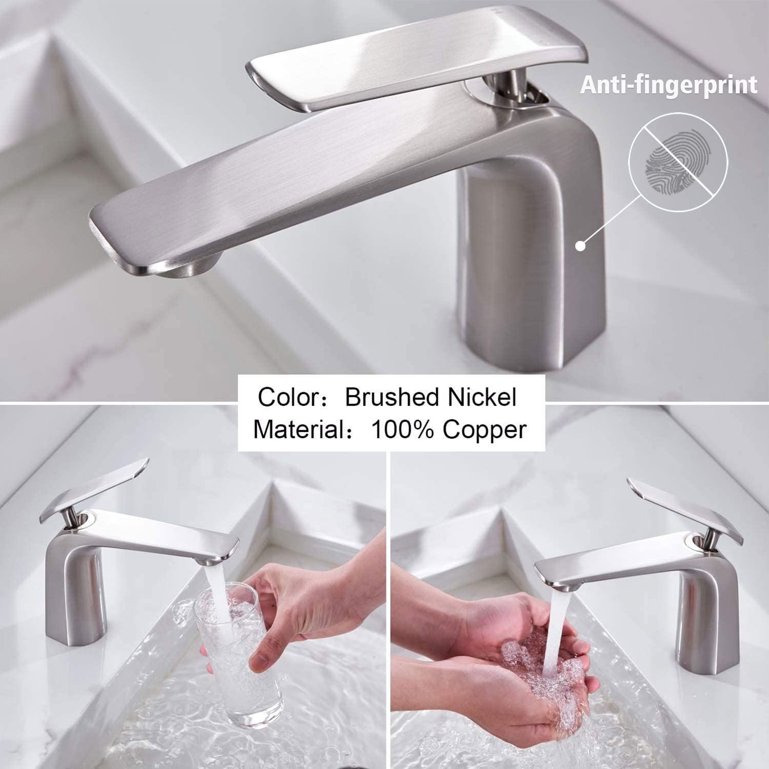 Tocaloca - Rubinetto per lavabo da bagno, in nichel spazzolato, rubinetto da cucina, in rame, senza scarico pop-up, valvola certificata CUPC moderno Short Basin Faucet Rubinetto per lavabo corto