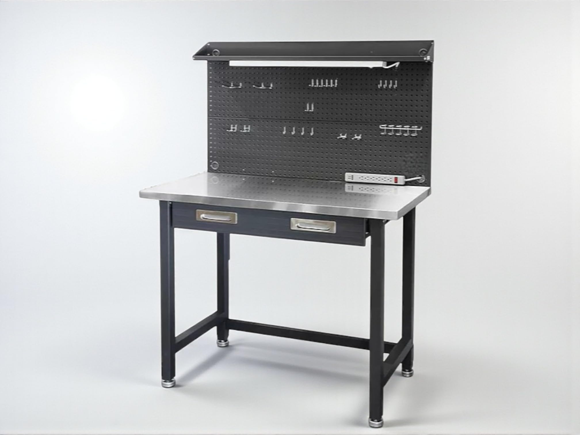 Heavy Duty Lighted Workbench with Pegboard, 48W x 24D x 65.5H inches (Graphite, Stainless Steel Top)