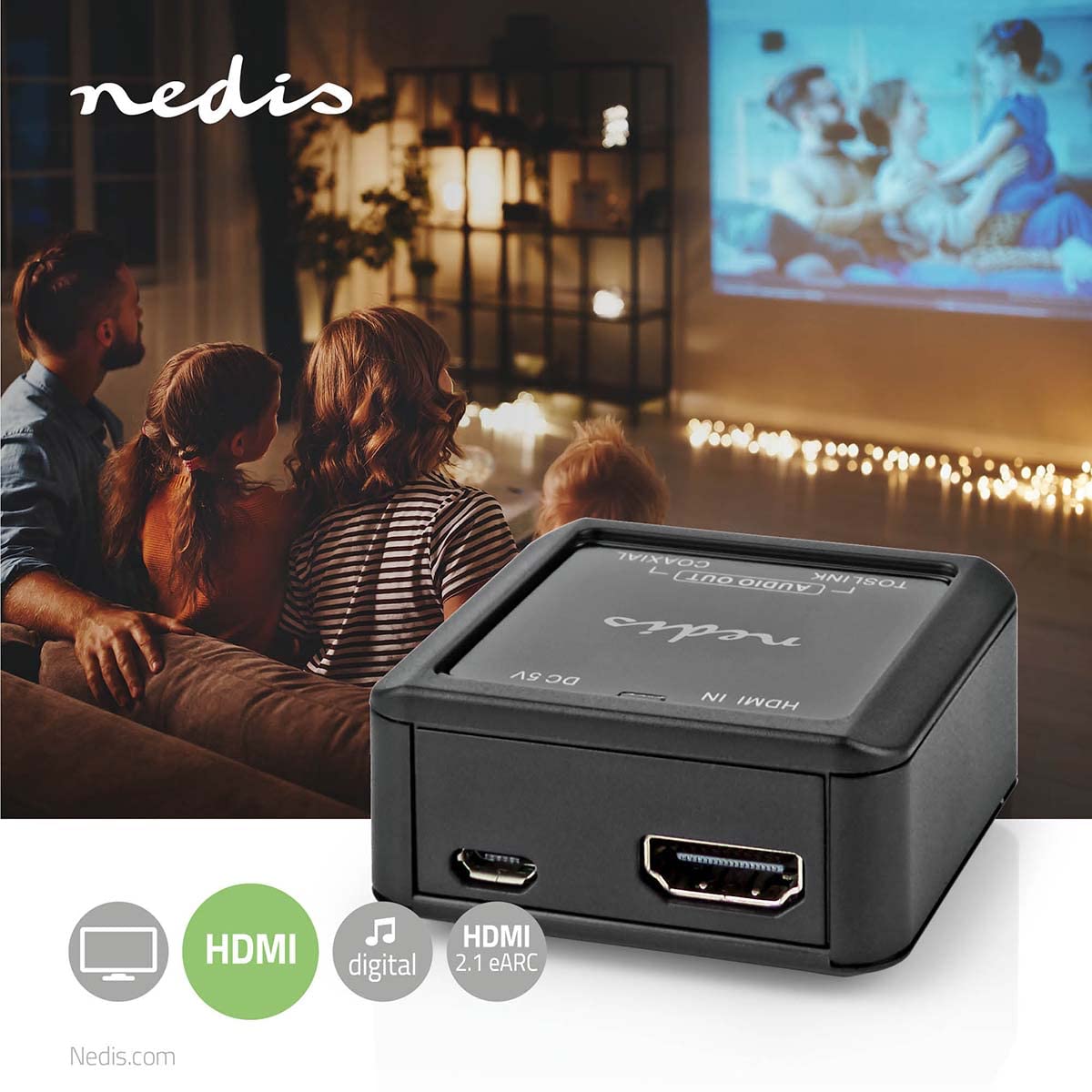Nedis | Convertisseur audio numérique | 1 voie | Entrée de connexion : DC Power/HDMI™ | Sortie de connexion : 1 x audio coaxial / 1 x TosLink femelle | eARC | Automatique | Anthracite
