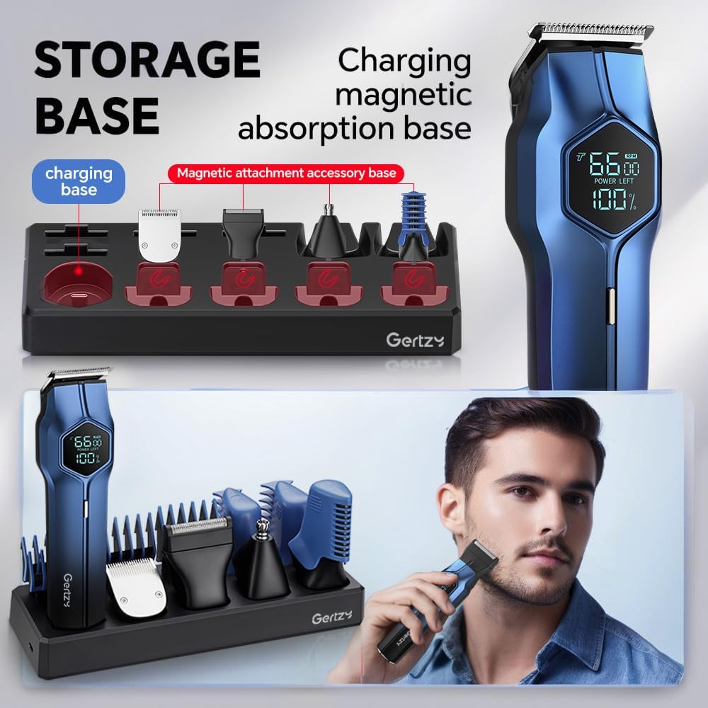 5-in-1 Electric Beard Trimmer Magnetic Replacement Heads, Professional Cordless Hair Clippers for Men Rechargeable, IPX7 Waterproof Grooming Kit for Face, Mustache, Body, Nose, Gifts for Men (Blue) - Image 8