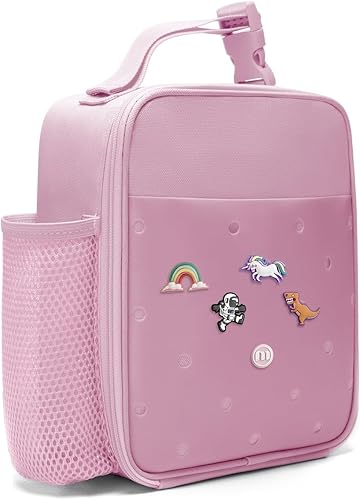 Miniatura 17 de MEXS Lonchera para niños, con dije de bricolaje y bolsas de almuerzo aisladas para niños y niñas, bolsa de almuerzo para la escuela, picnic con Rojo