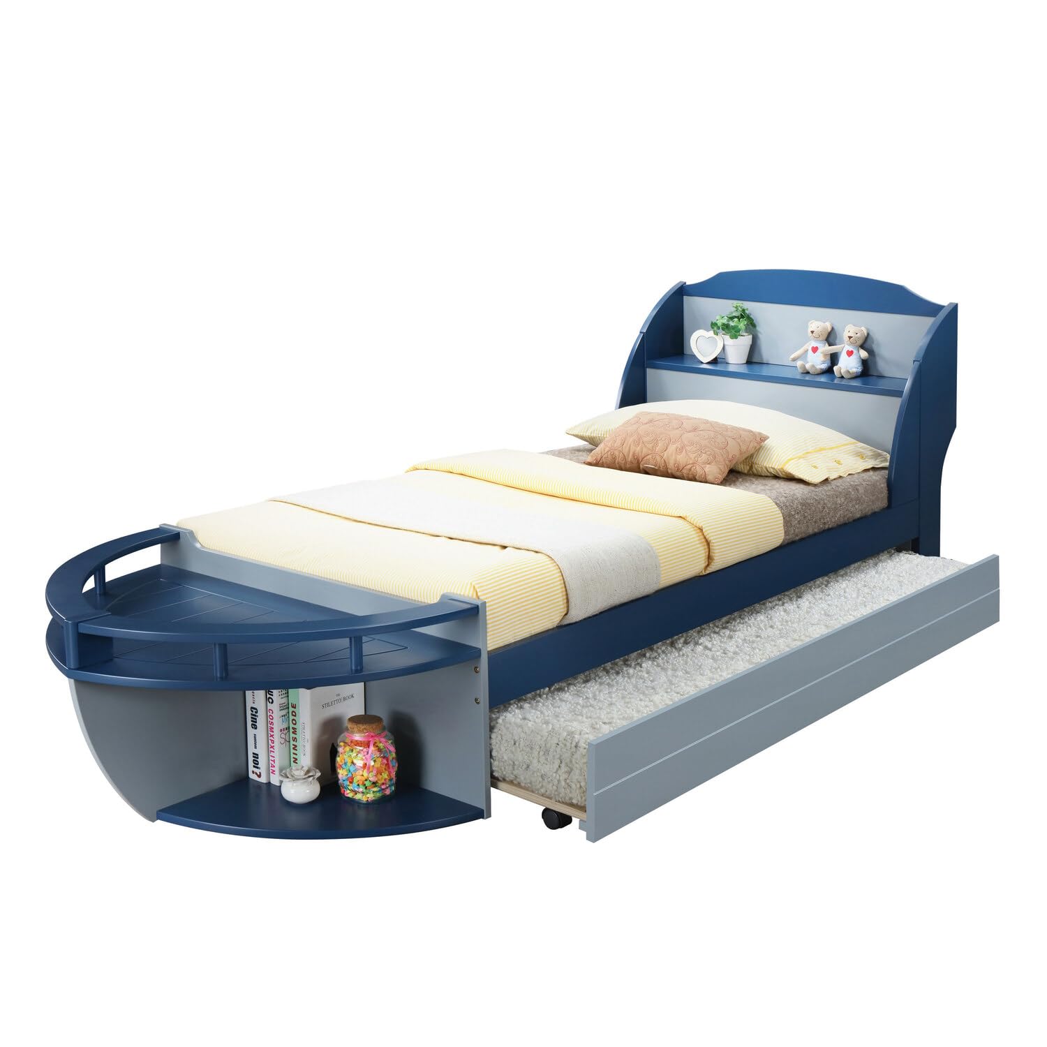 ACME Neptune II Twin Trundle pulled out from under the main bed, showing the wooden slats for mattress support.