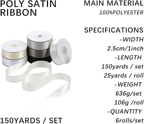 Miniatura 5 de Cinta de satén negra de 1 pulgada, cinta de satén para envolver regalo, paquete de 6 cintas coloridas, cinta blanca para envolver regalos,
