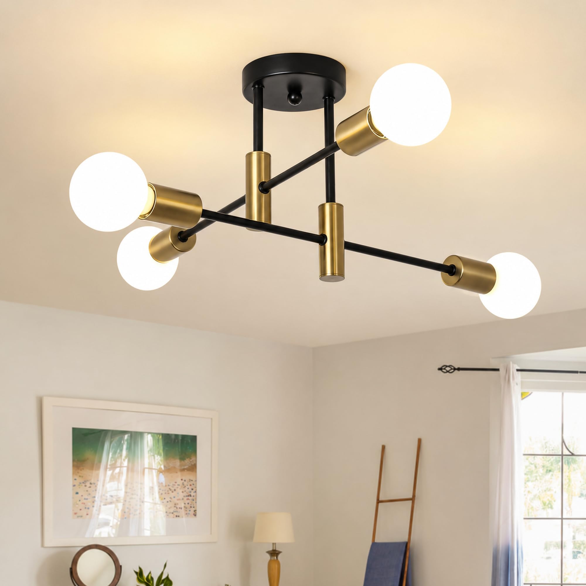 Garwarm Black and Gold Sputnik Chandelier, 4-Light Semi Flush Ceiling Light