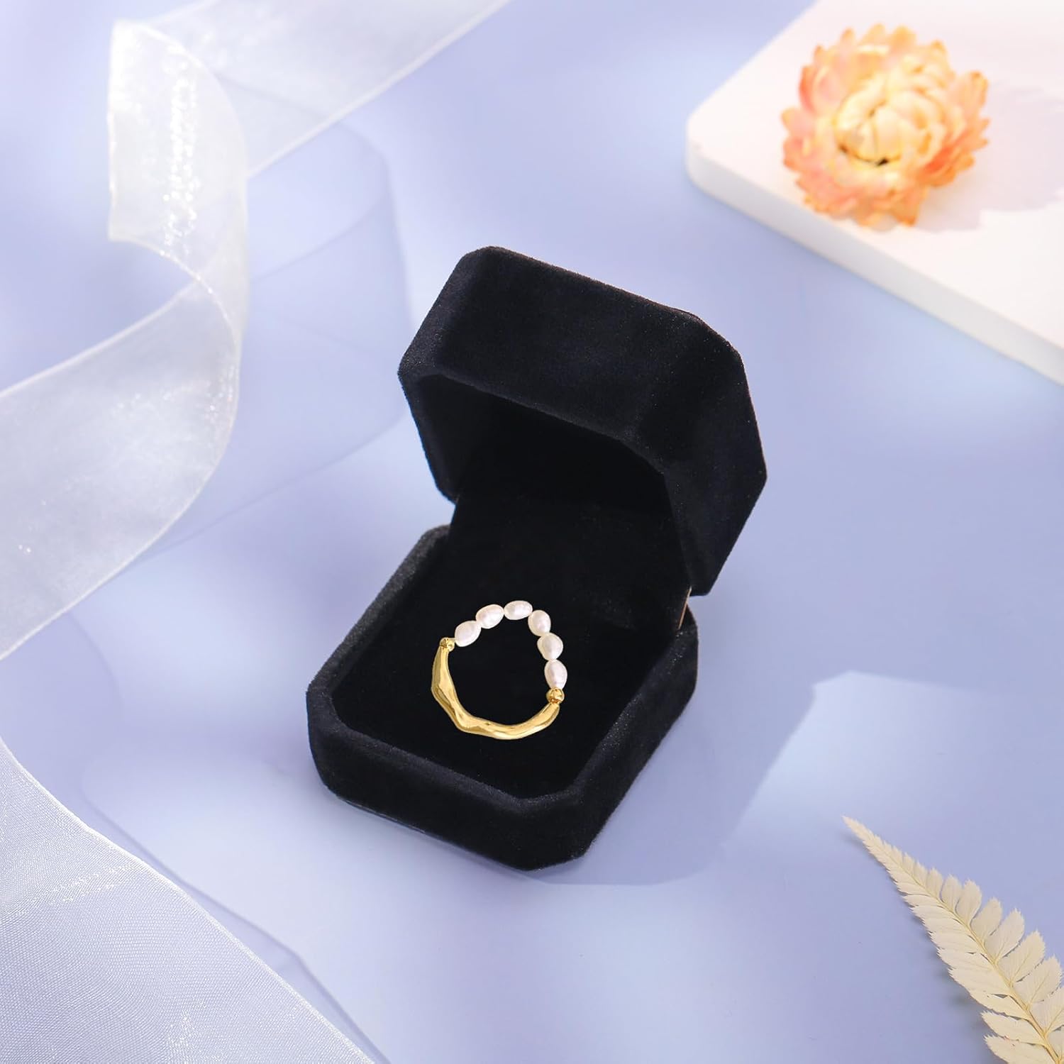 Adjustable Freshwater Pearl Rings with 16k Gold Plated Brass Stretch Pearl Rings Cute Jewelry Gifts for Women Teen Girls - Image 9