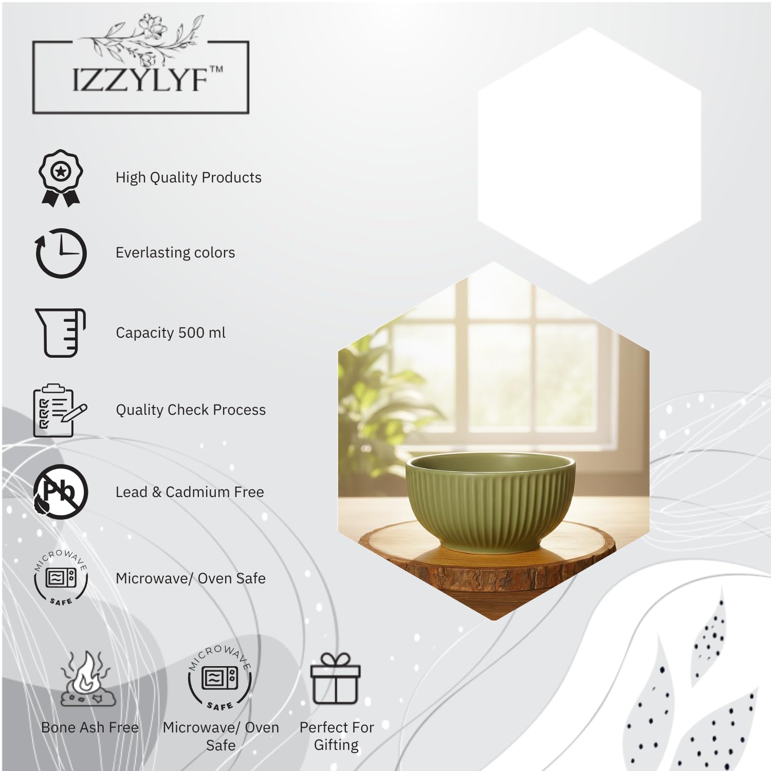 IZZYLYF 'Olive Ridge' Ceramic Snack Bowl Set of 2 (500 ml Each) | Microwave & Dishwasher Safe Bowl Set for Party, Dinner Table & Gifting | Stylish & Fancy Bowl Set for Snacks, Desserts & Salads 3