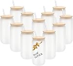 12 Pack Sublimation Coupes en verre Gobelet en verre de bière avec Bamboo Lids Verres Borosilicate Tumbler Mason Jar tasses Mug avec paille de verre pour la bière, Jus, Soda, Café glacé, Boissons 16oz