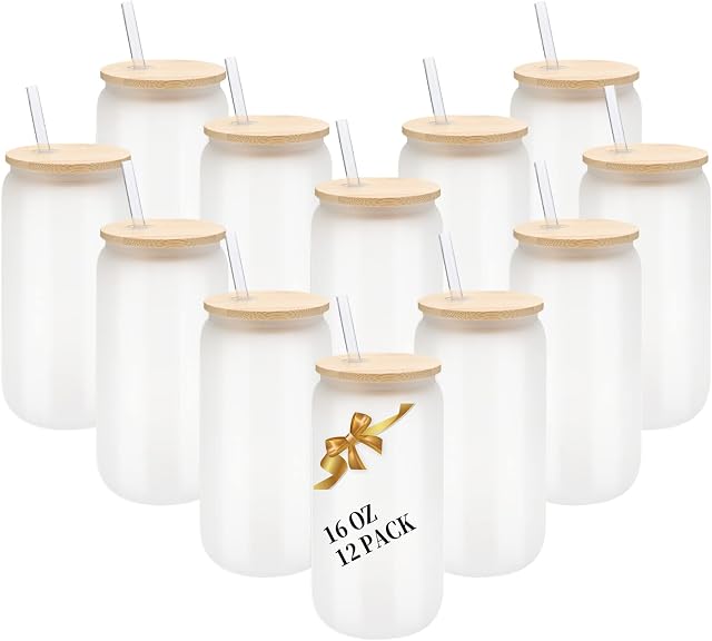 12 Pack Sublimation Coupes en verre Gobelet en verre de bière avec Bamboo Lids Verres Borosilicate Tumbler Mason Jar tasses Mug avec paille de verre pour la bière, Jus, Soda, Café glacé, Boissons 16oz