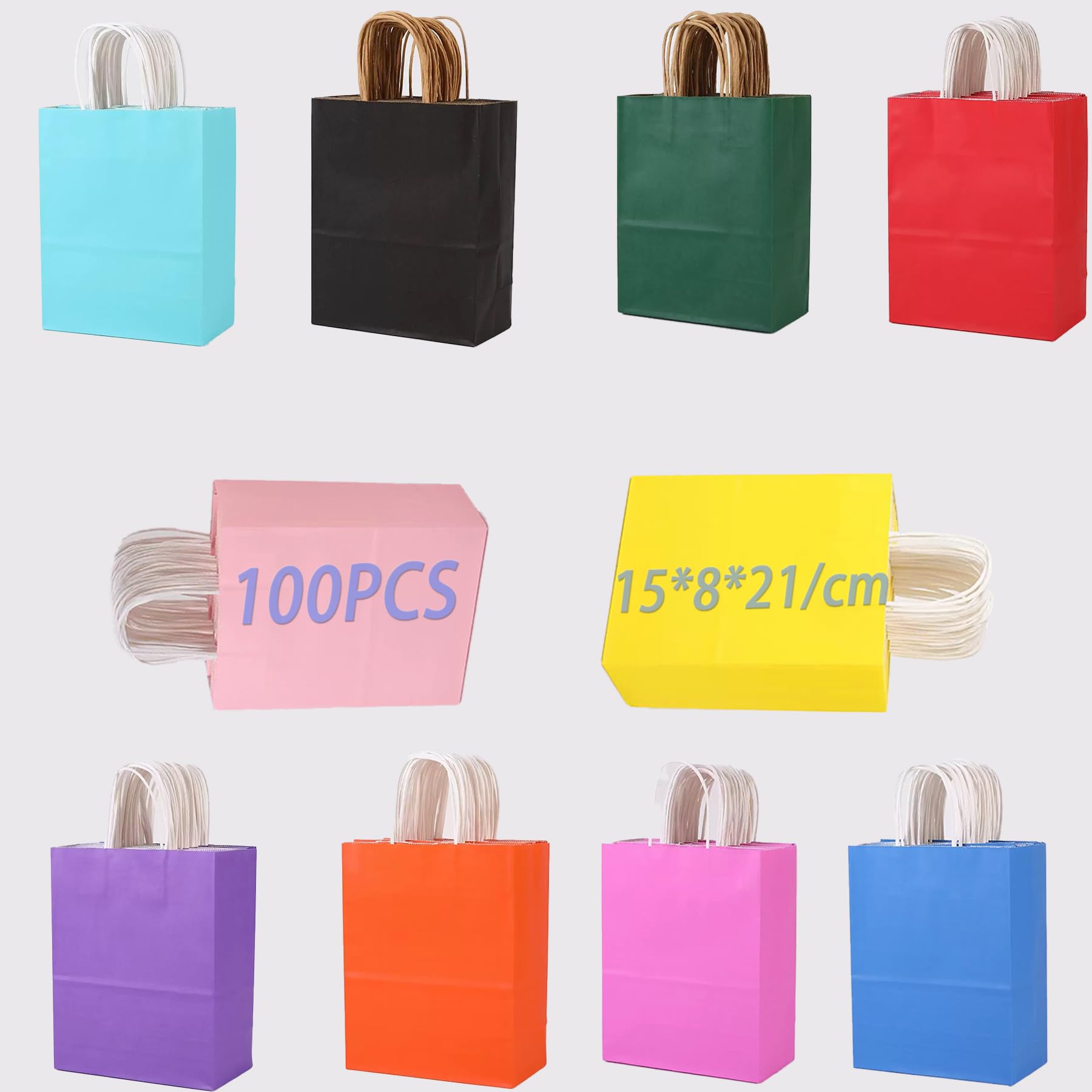100 paper tote bags, 15 * 8 * 21 cm, gift-wrapped, with twisted rope handles, eco-friendly kraft paper bags, suitable for parties and retail items, DIY design available (10 colors, 10 bags of each).