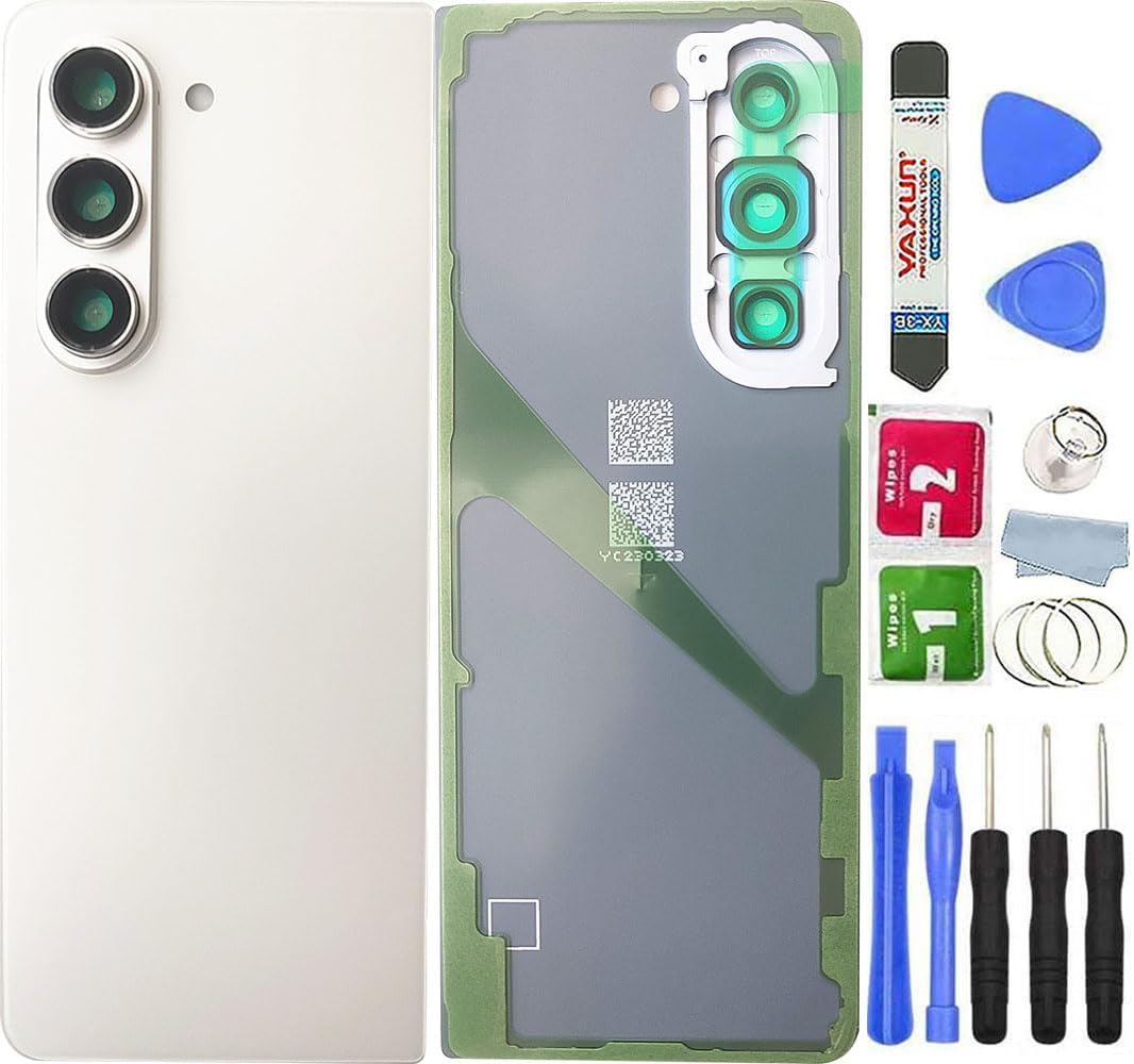 Z Fold 5 Back Glass Cover Waterproof Housing Door with Camera Glass Lens and Tape Parts Replacement for Samsung Galaxy Z Fold 5 All Models + Tool (Cream)