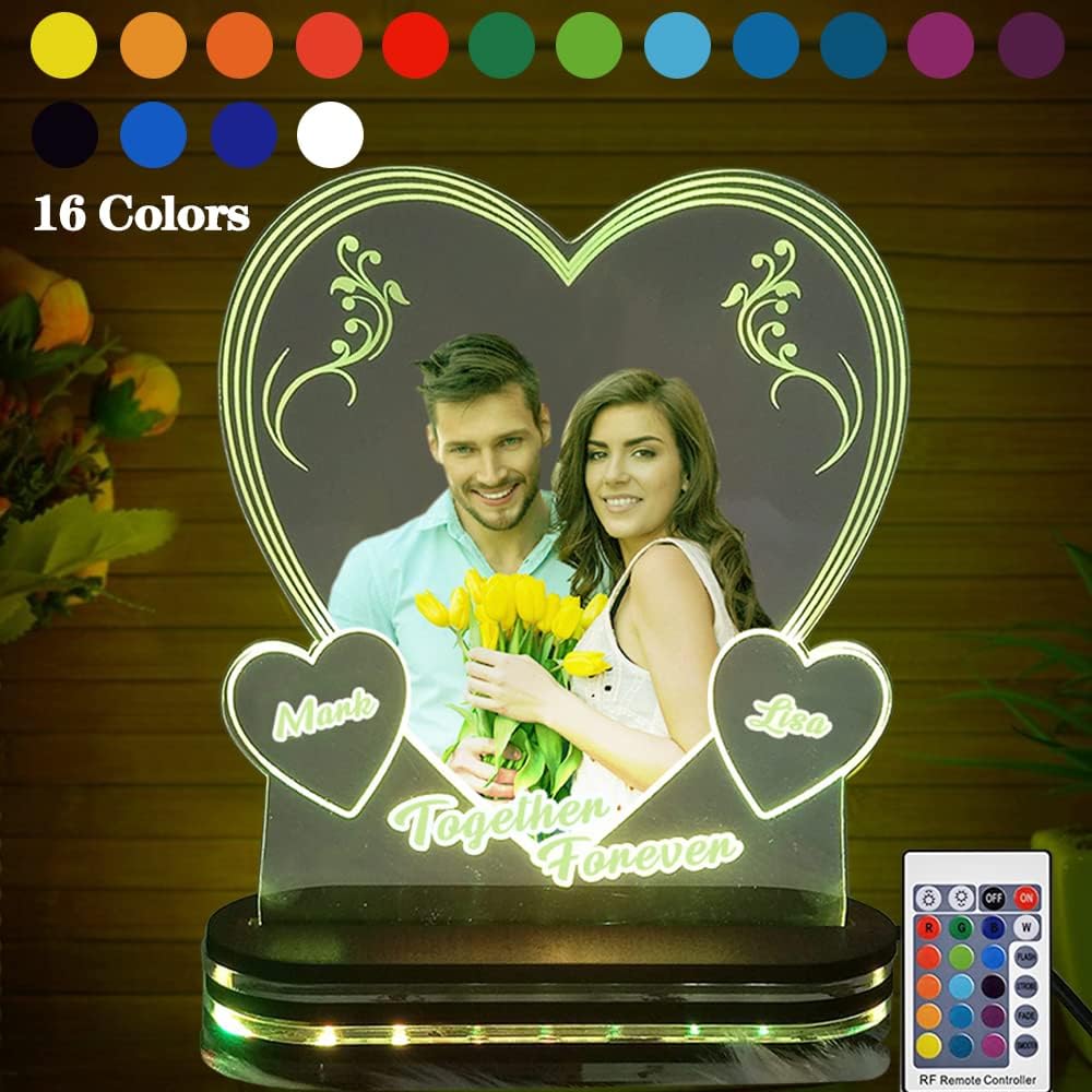 Amabery Infinity Heart Personalized Picture Lamp Custom Couple Photo Nigth Light Plaque Bedside Romantic Gift for Wife Anniversary Valentine (Heart)
