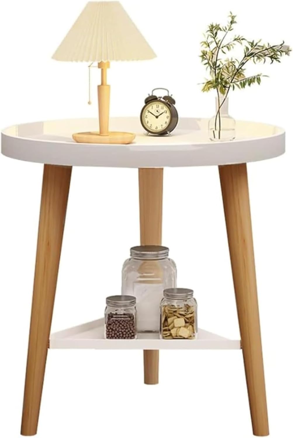 Rosoy ラウンドサイドテーブル, 2段, 三脚, 天然木, 寝室テーブル, ベッドサイドテーブル, ベッドサイドおしゃれ, 韓国