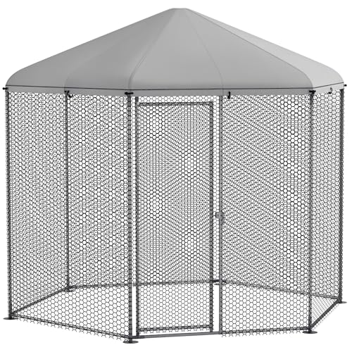 PawHut Enclos poulailler chenil volière Hexagonal extérieur 5 m² - Parc grillagé 280 x 245 x 246 cm - Espace Couvert - Acier galvanisé - 5-8 Poules,...