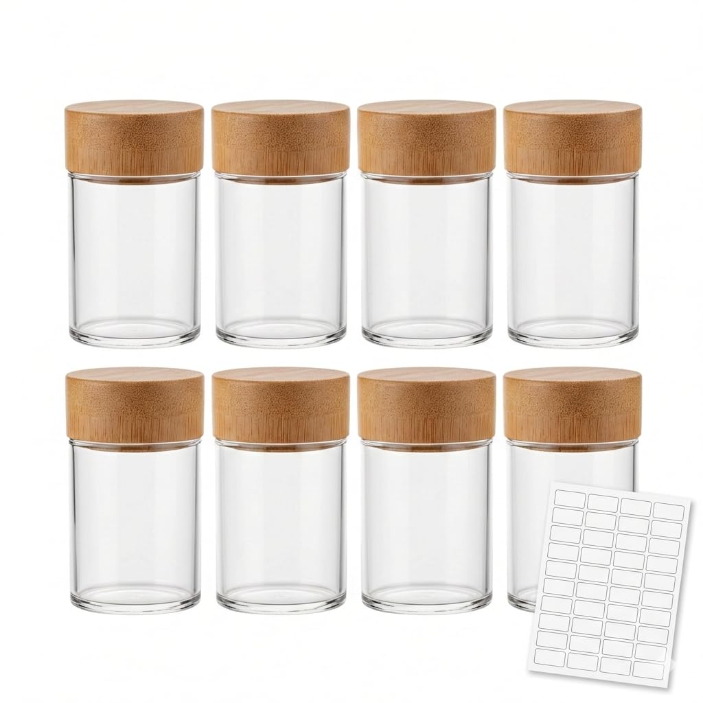Hyx Transparent 8 Pack Glass Shot Bottles With Bamboo Lids - 60Ml Borosilicate Glass Ginger Shot Bottles, Airtight Leak-Proof Storage Jars With Labels & Cleaning Brush, Reusable Wellness Juice Bottles