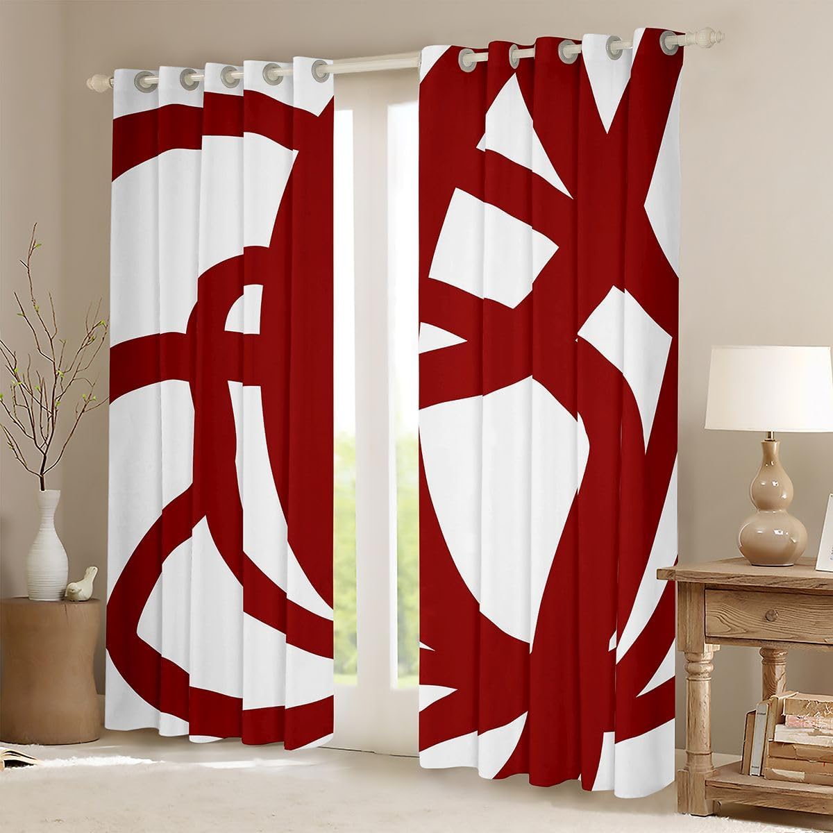 jejeloiu Stripe Line Curtains for Bedroom Living Room (2 Panels, 52 x 90 Inch) Kids Geometric Blackout Curtains Red and White Darkening Drapes Abstract Window Treatments Modern Art