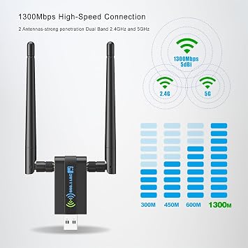 Wireless USB WiFi Adapter for PC: 1300Mbps 5G/2.4G Dual 5dBi High-gain Antennas WiFi Adapter for Desktop PC, Wireless Network Dongle for Windows11/10/7