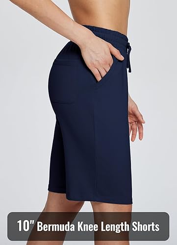 Miniatura 3 de baleaf Bermudas de algodón para mujer, pantalones cortos largos de 10 pulgadas de largo hasta la rodilla, holgadas, con cordón en la cintura