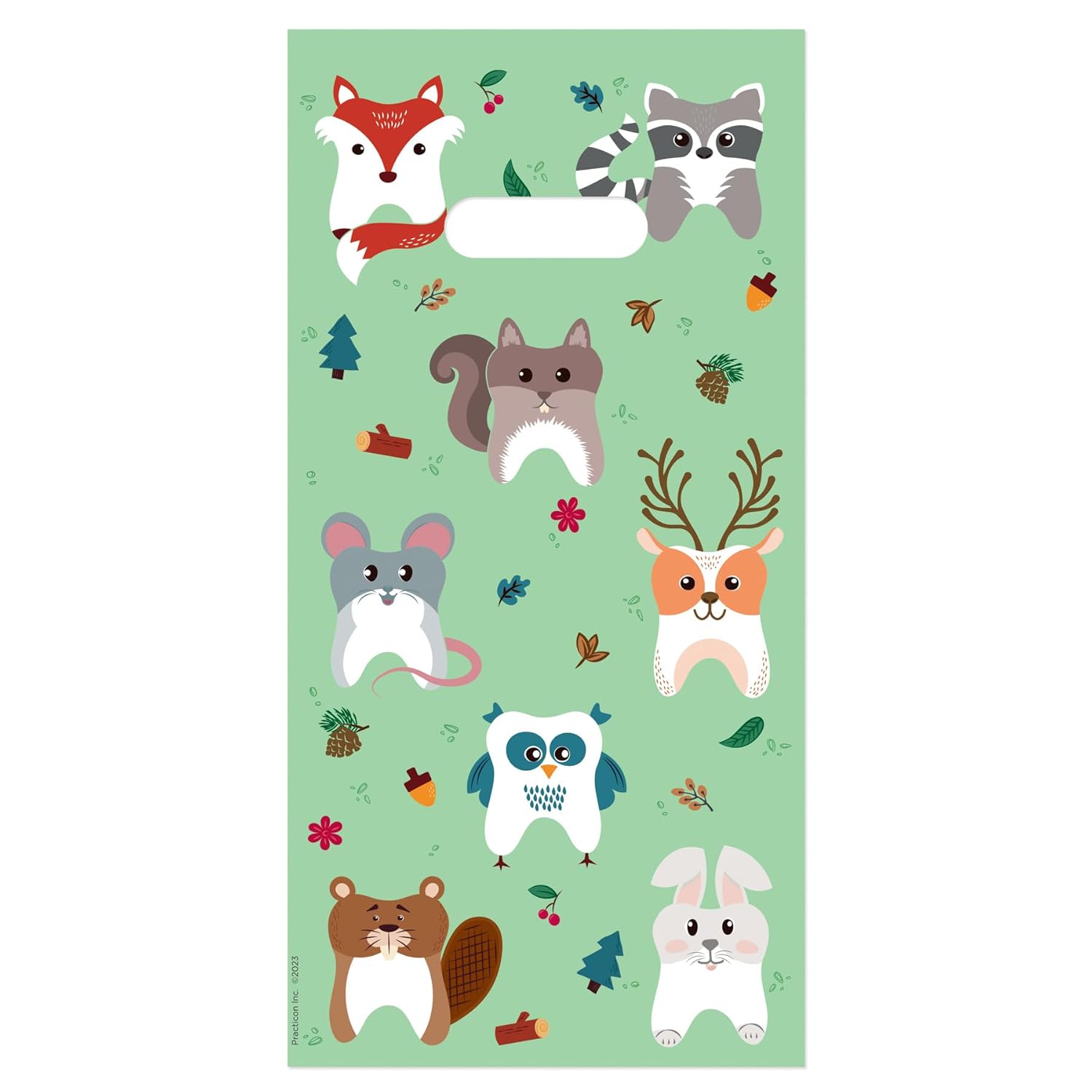 Practicon Woodland Animals 6" x 12" Dental Giveaway Bag, Fall & Autumn Themed Bag, Dental Hygiene Patient Care Goodie Bag, Dentist Office Plastic Gift Bags, 100 Pack