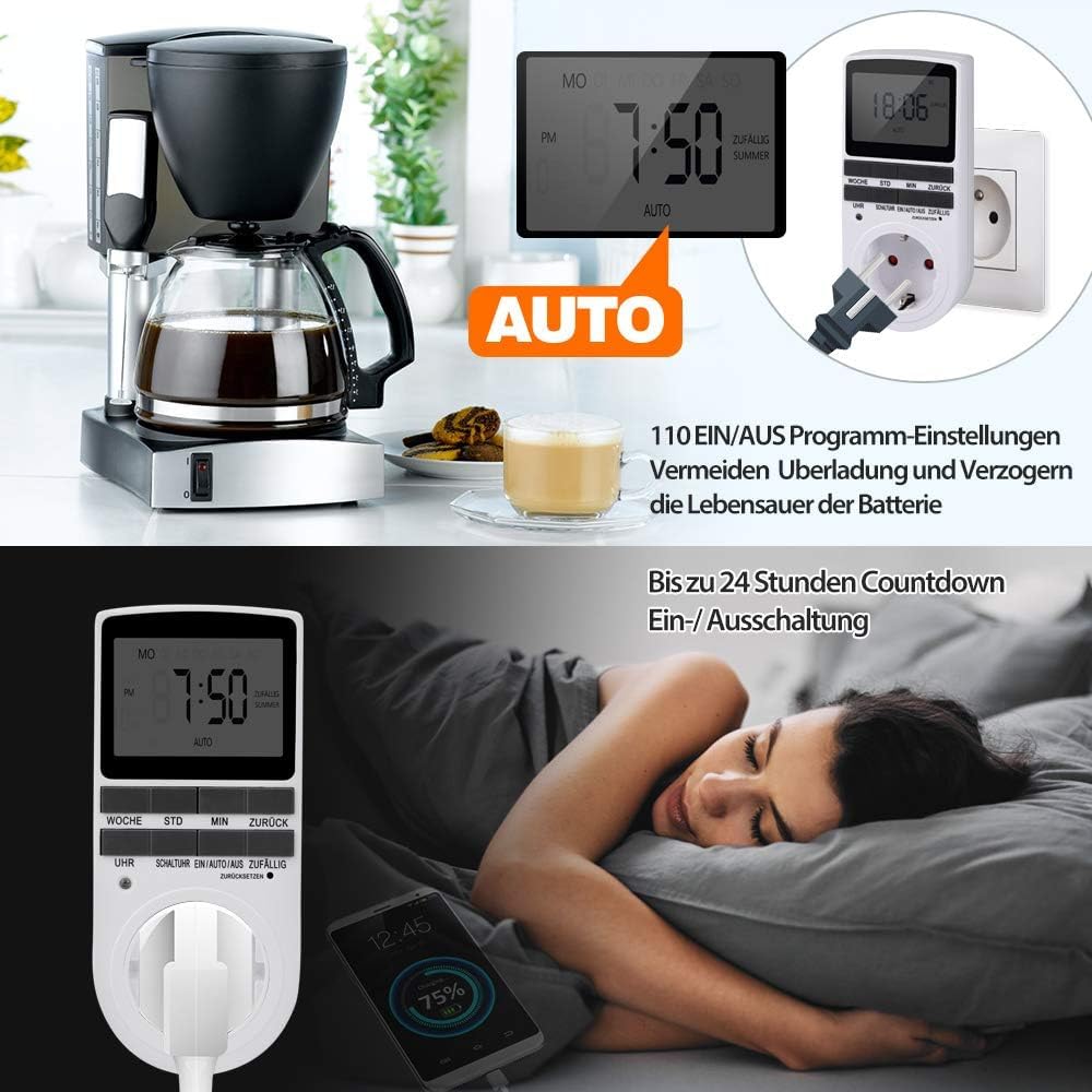 Nach Maß Deutsche Ausführung Zeitschaltuhr Steckdose - 3 PCS| Elektrische Zeitschaltuhr Digital mit Deutsche System und Tasten | 10 konfigurierbare Programme | 12/24h Modus, Weiß