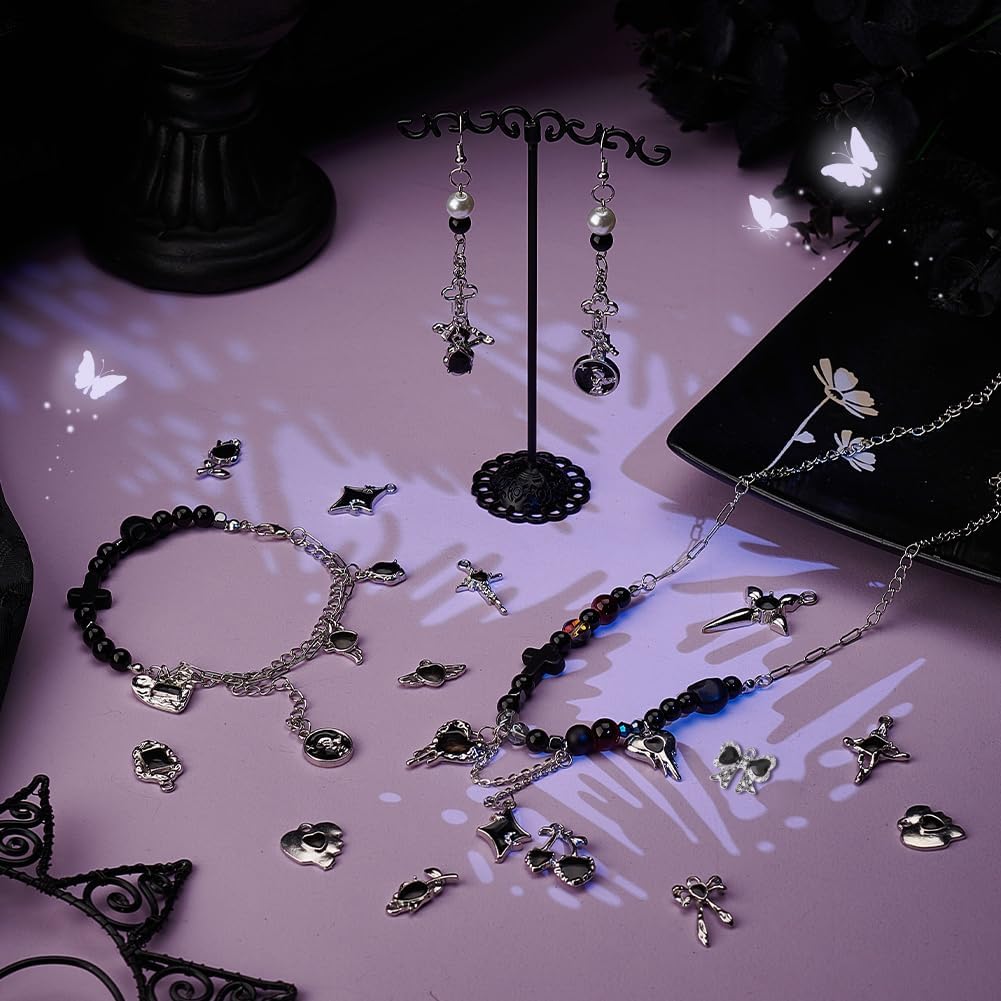 PH PandaHall 32Pcs 16 Styles Enamel Gothic Charms Pendants, Halloween Black Hanging Heart Charms Alloy Gothic Dangle Pendant Bracelet Charm Bulk for DIY Jewelry Accessories Cross Necklaces Earrings - Image 5