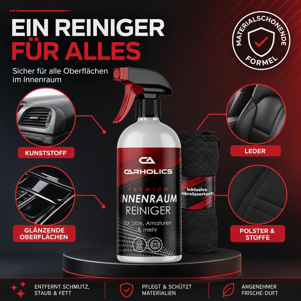 CARHOLICS Auto Innenraum Reiniger Set (500ml) inkl. Mikrofasertuch Made in Germany - Cockpit Reiniger Innenraumreiniger für Kunststoff, Polsterreiniger Cockpitpflege Auto auto reinigungsset innenraum