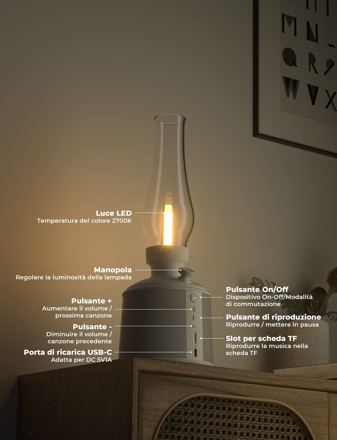 Cassa Bluetooth Portatile, Speaker con Luce di Dimmer Infinito, Cassa Altoparlante Wireless 10W, Bluetooth 5.3, Impermeabile IPX4, Autonomia 24 Ore