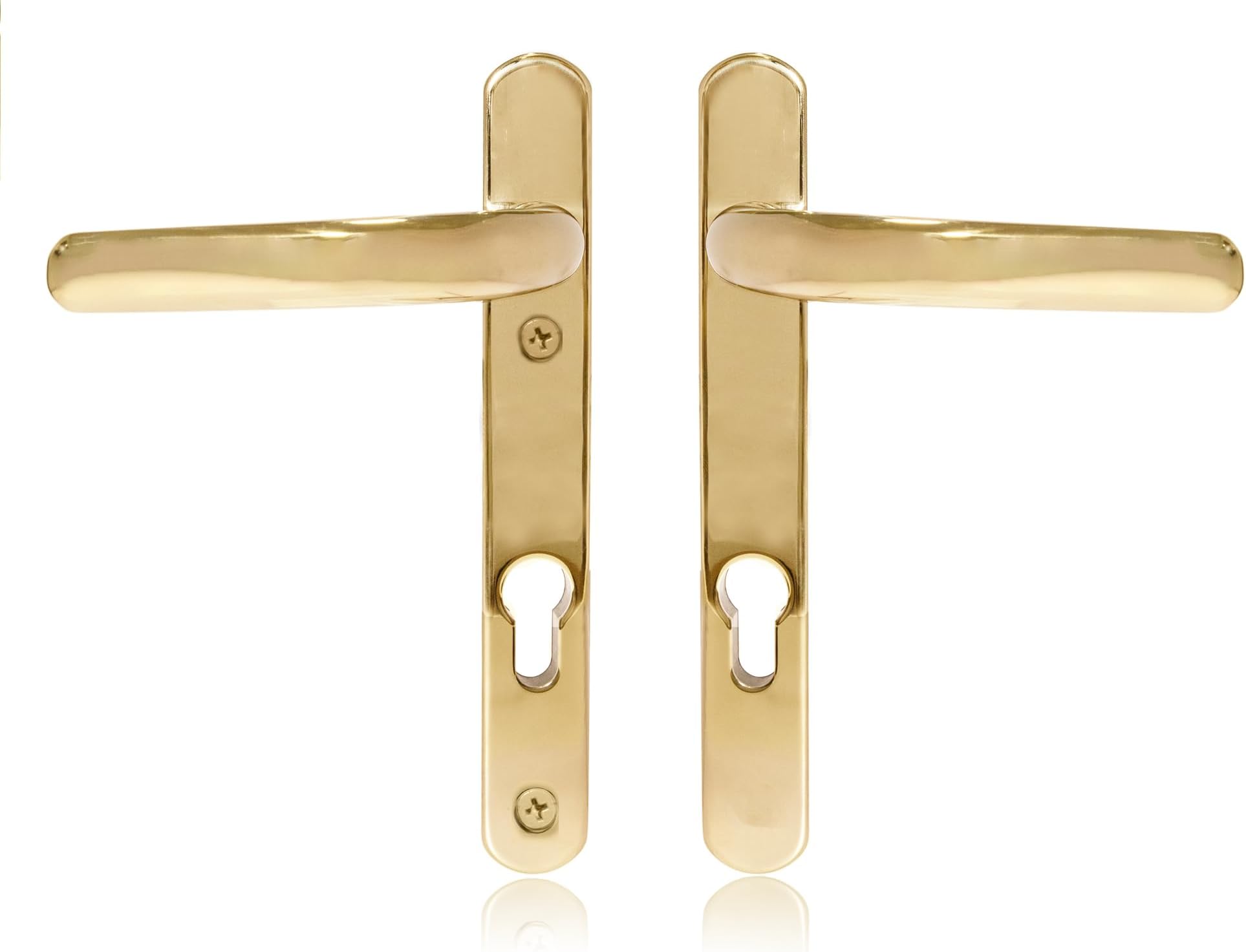 Schlosser Technik Uros Polished Brass Door Handle (PZ 92mm, 122mm Screw Hole Distance, 219mm Overall) Stainless Steel Short Backplate, UPVC Front Door Handle