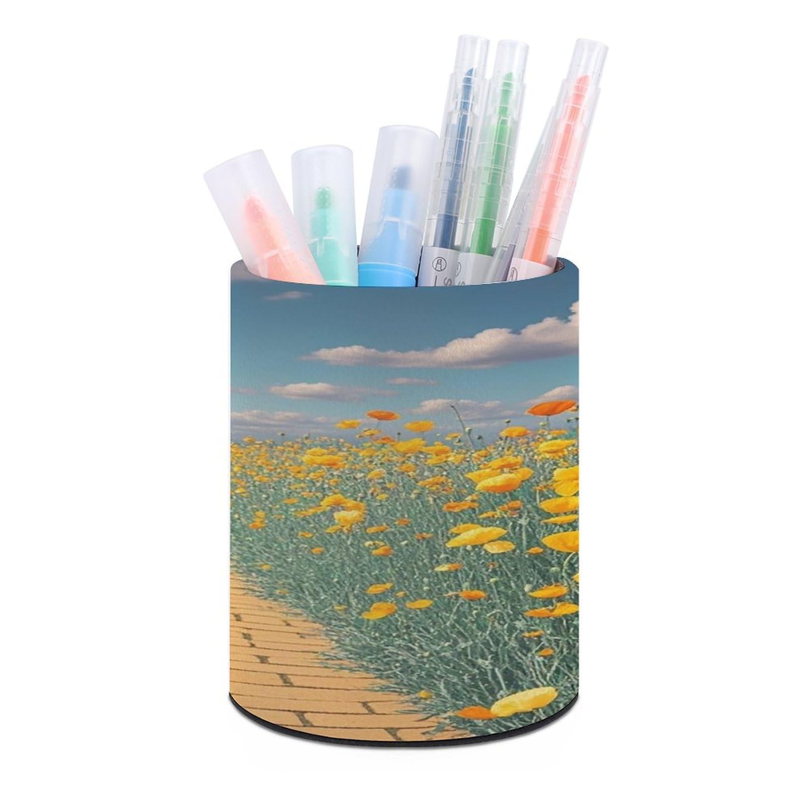 FekiLoot Round Poppies Field Yellow Brick Road Pen Holder for Desk PU Leather Waterproof Pencil Cup Stand Minimalist Makeup Brush Storage Organizer Desktop Stationery Container Accessorires