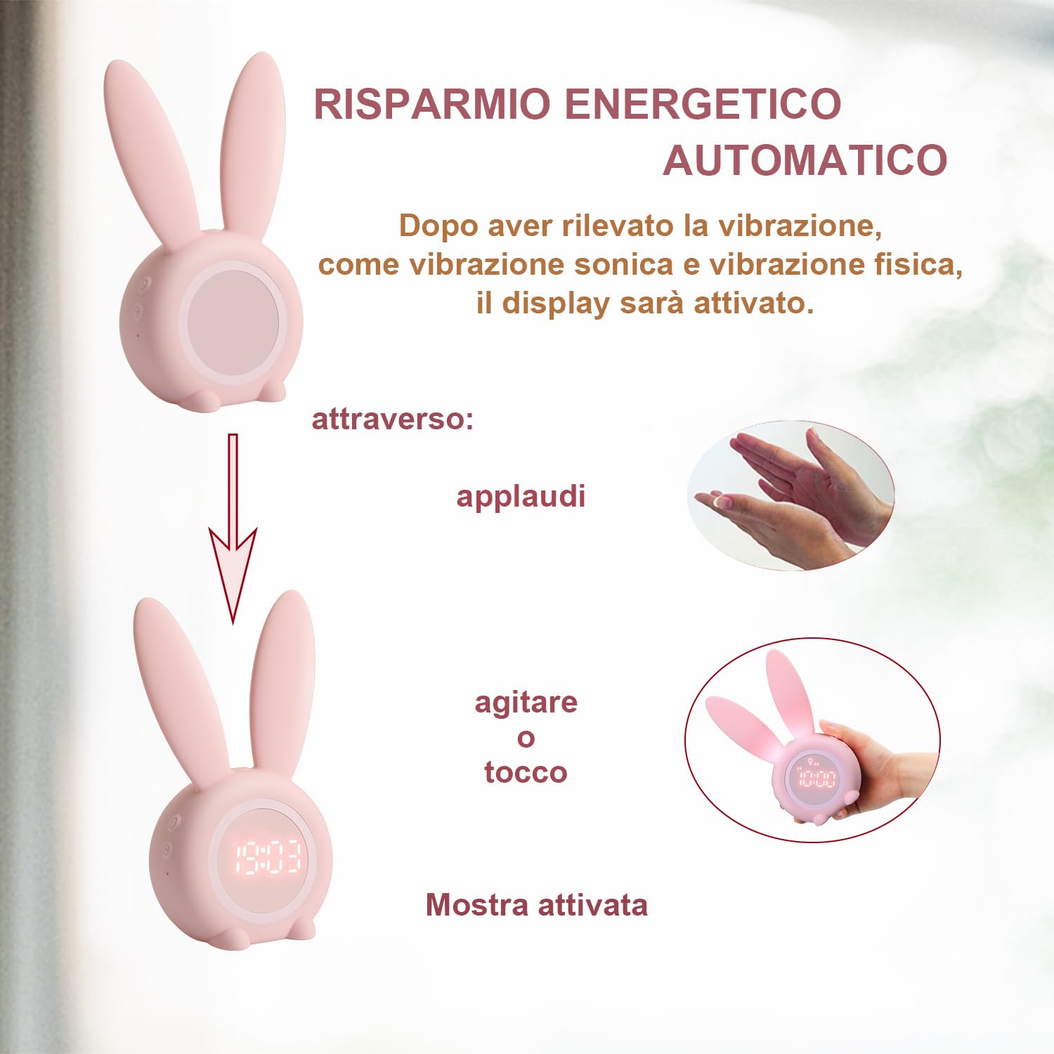 YONGYAO Sveglia Bambini Sveglia luminosa per bambini Réveil pour enfants avec motif de lapin mignon pour filles Réveil de la lumière Réveil Fonction Snooze Aimant Installation Timed Lapin Horloge