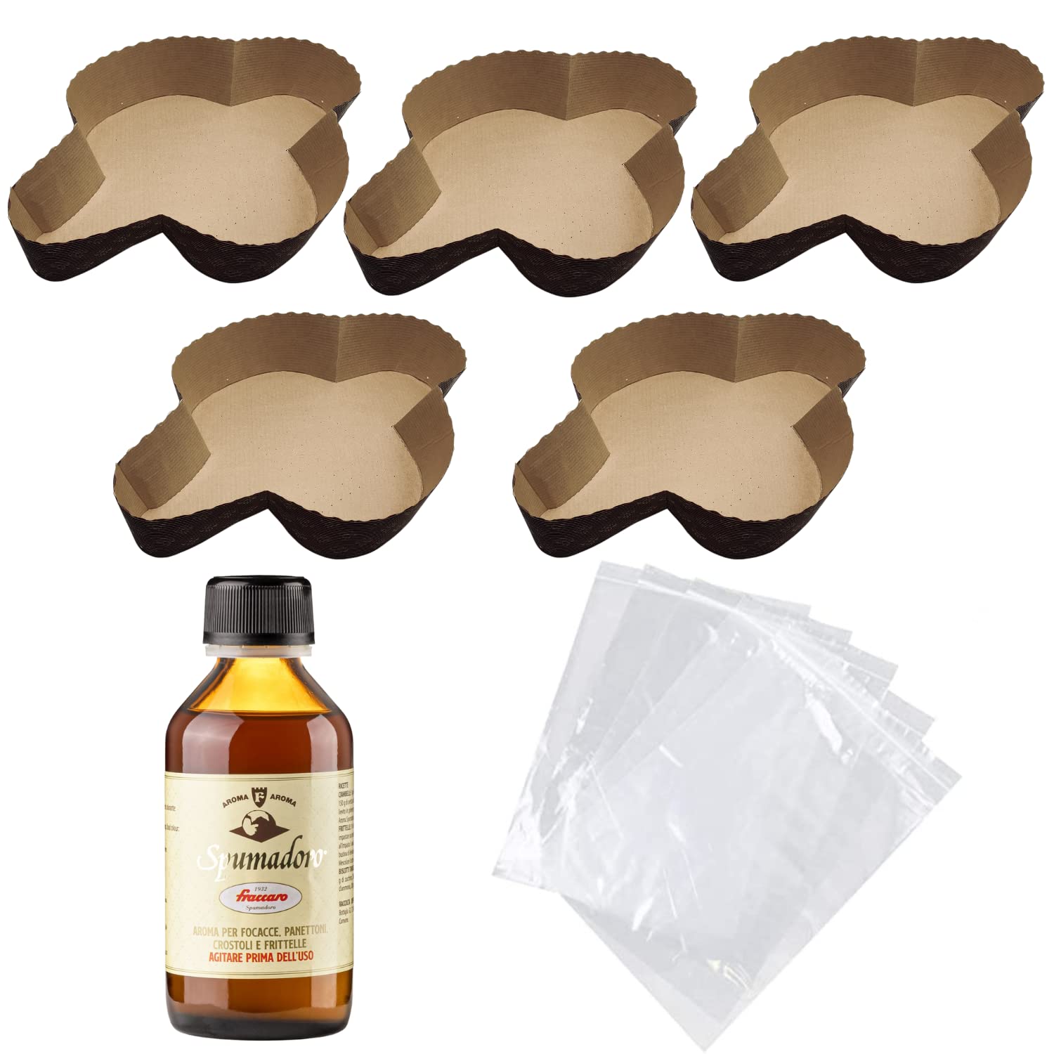 Kit Stampo per Colomba (5x750gr) + Aroma per Colombe Fraccaro (1x100 ml) + Sacchetto (5pz) - Realizza le tue Colombe Preferite direttamente in casa tua (Kit x Stampi + Aromi + Sacchetti)