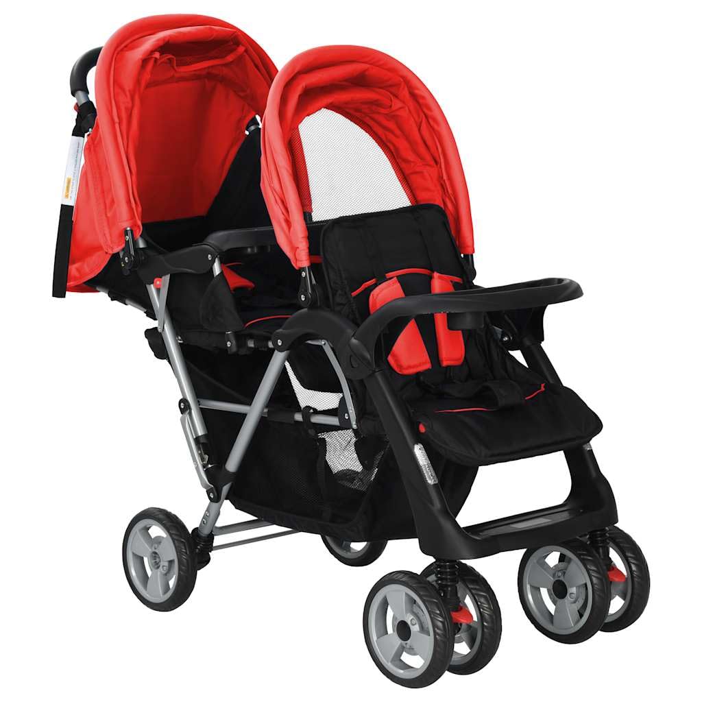 Passeggino Tandem in acciaio robusto per bambini con tettuccio pieghevole, leggero e compatto per città e fuoristrada con grande cestino, adatto per neonati e neonati fino a 15 kg