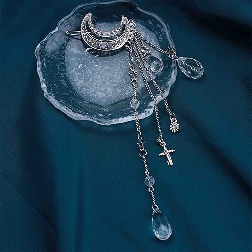 Miniatura 4 de Pasador de pelo bohemio de luna y estrella, pasador de pelo con forma de luna pavimentada, pasador de pelo con gota de cristal plateado, pasador de