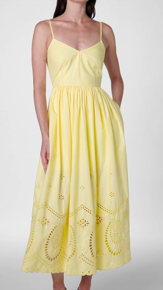 CLUB MONACO Women's Embroidered Eyelet Maxi Dress, Lt.Yellow/Jaune Clair, 0  at Amazon Women's Clothing store