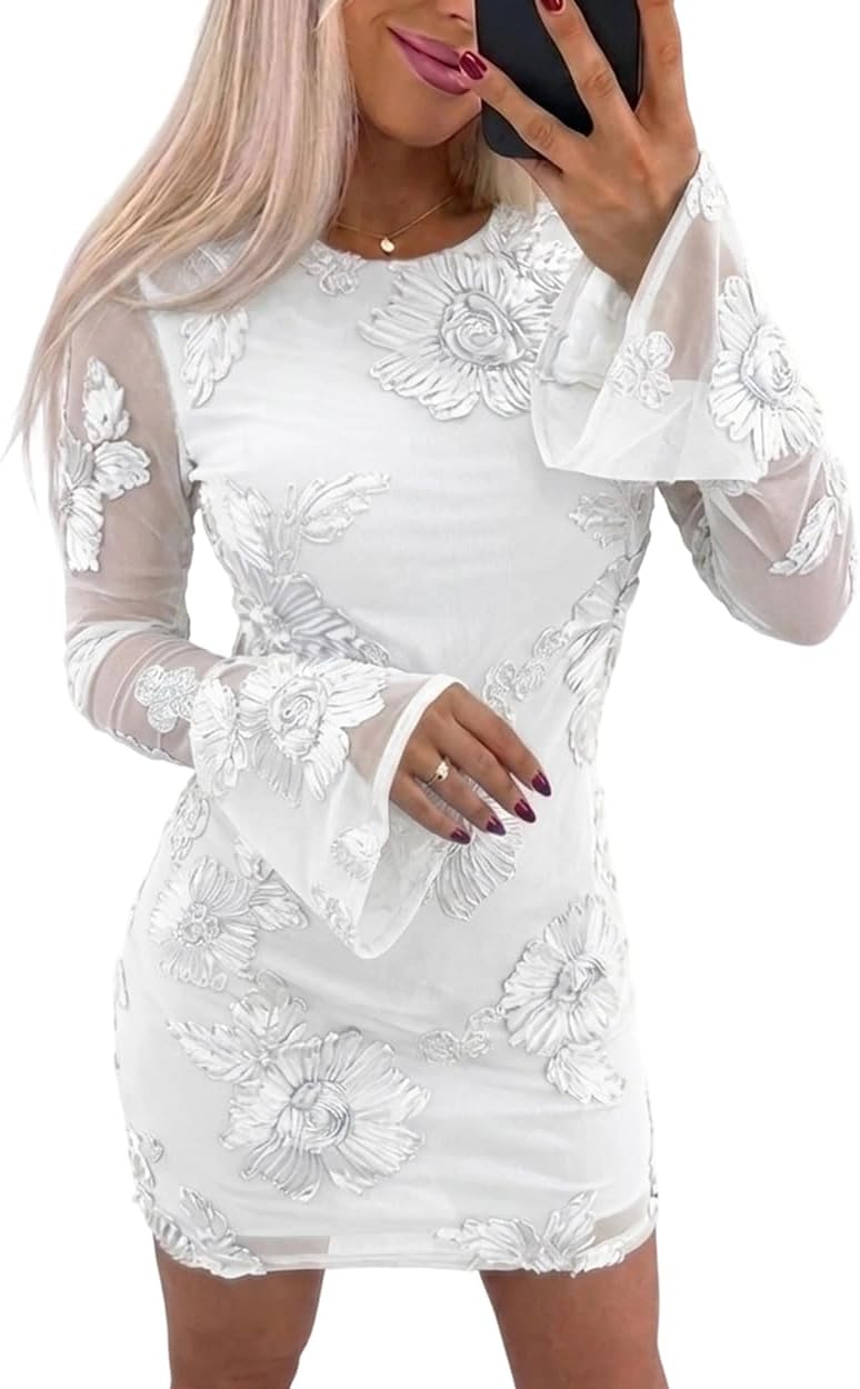 CHICME Women Floral Mesh Mini Dress Long Bell Sleeve Sexy Bodycon Dress Crew Neck Cocktail Dresses for Summer Party Club