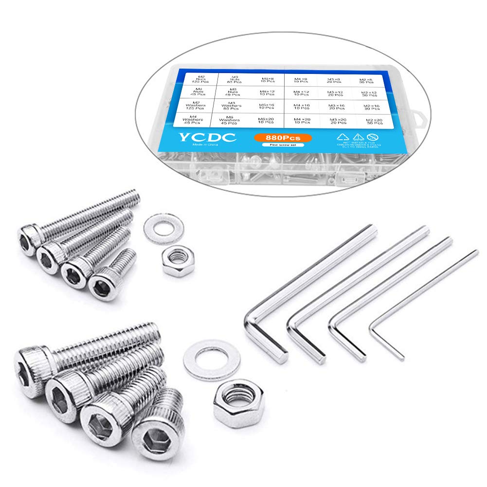 880 Pack Stainless Steel Hexagon Screw Set, M2 M3 M4 M5 Hex Bolts and Nuts Assortment, Precise Metric Machine Screws, with Washers + Wrench, Socket Head for Repairmen, Craftsman, Landlords, Hobbyists