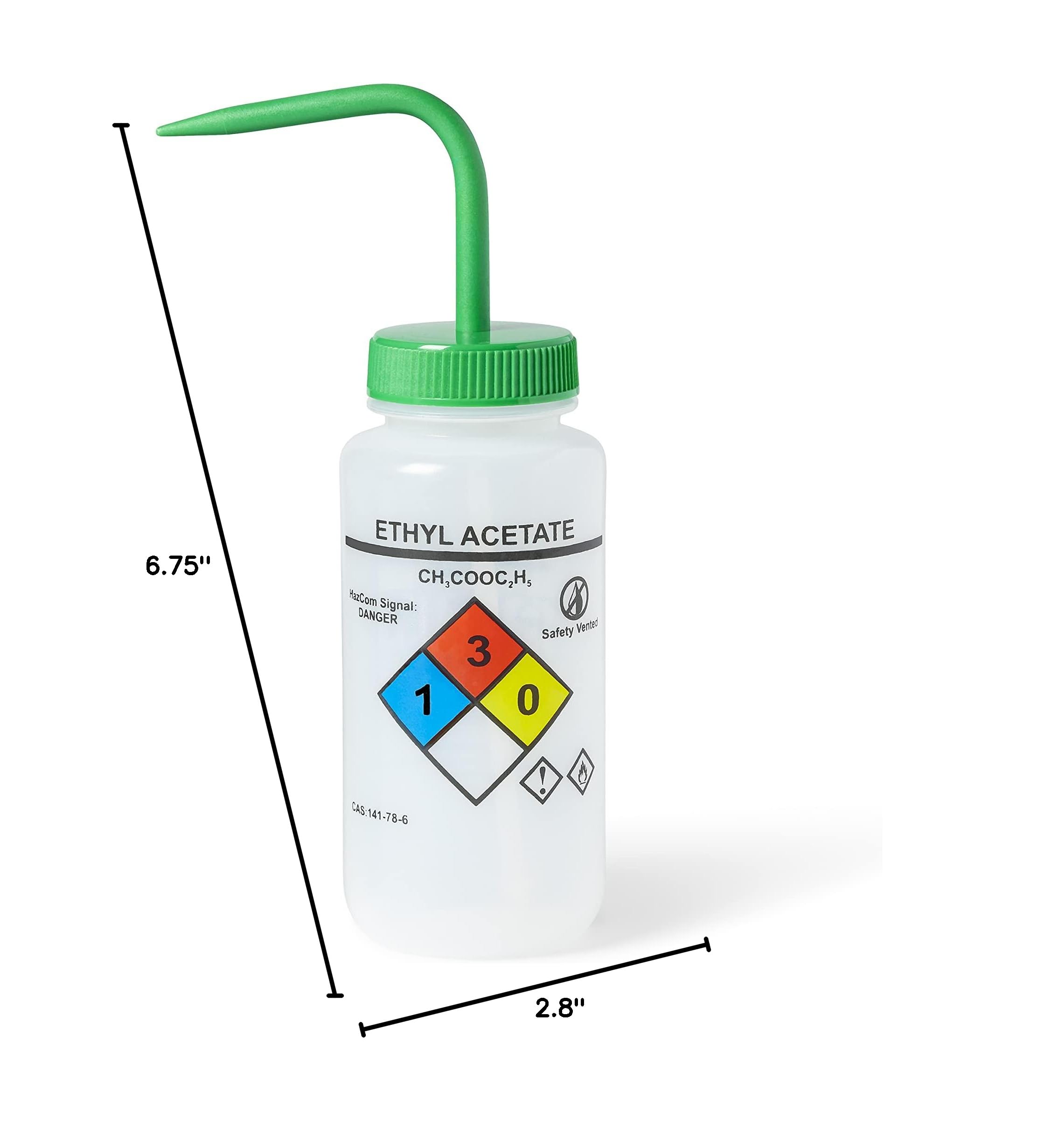 United Scientific™ UniSafe™ Laboratory Grade Wide Mouth LDPE Vented Chemical Wash Bottle, Ethyl Acetate, 500mL (16oz), 4-Color, Pack of 6